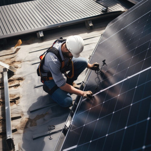 Contractor installs solar panels.